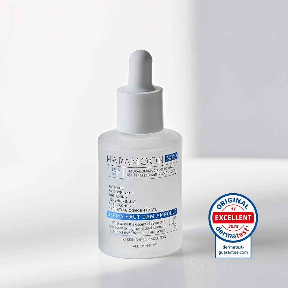 Ampulle mit Pipette. Text: HARAMOON Derma Haut Dam Ampulle. Original Excellent 2023. Für gestresste und sensible Haut.