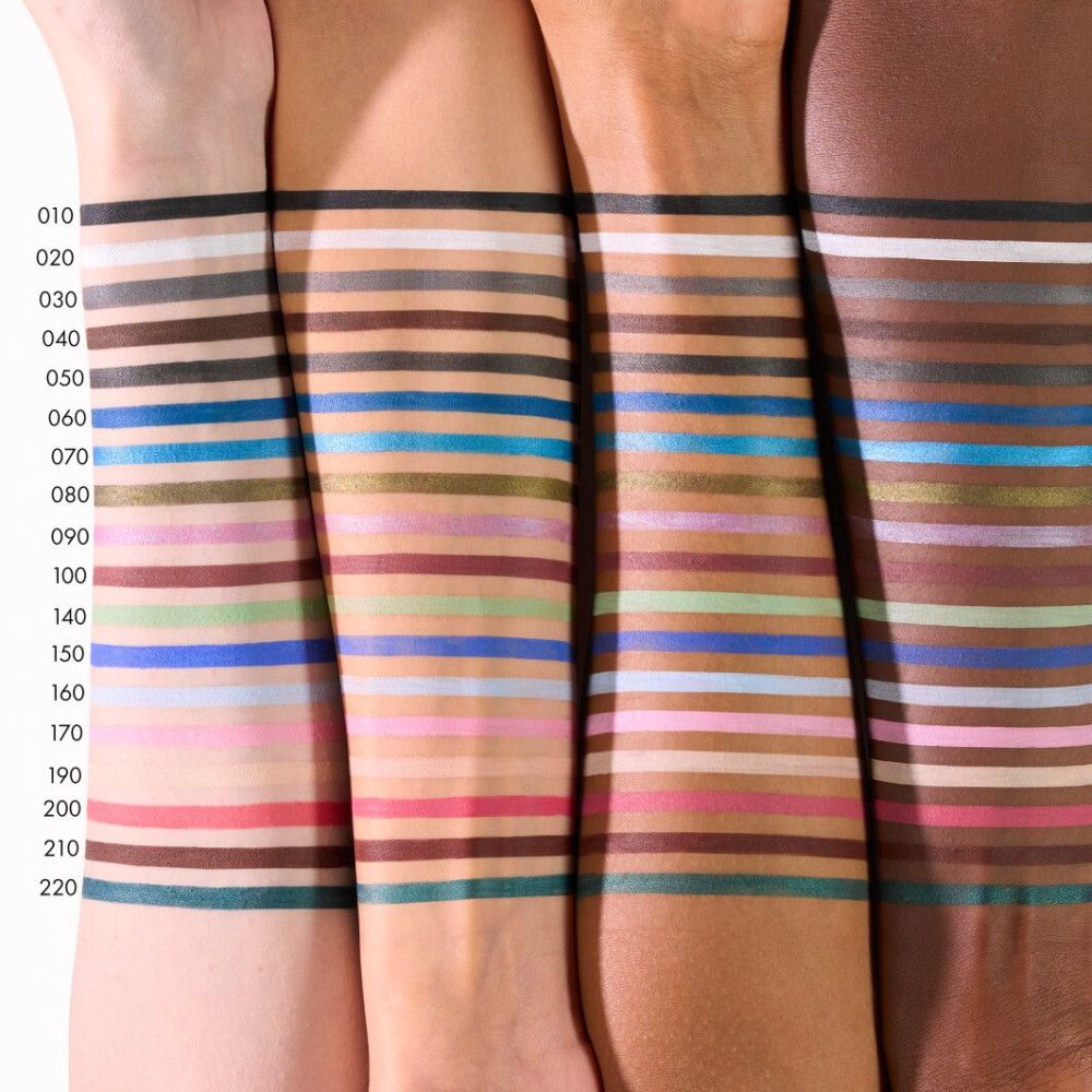 Arme mit Kajalstift-Farben. Farbnummern von 010 bis 220.