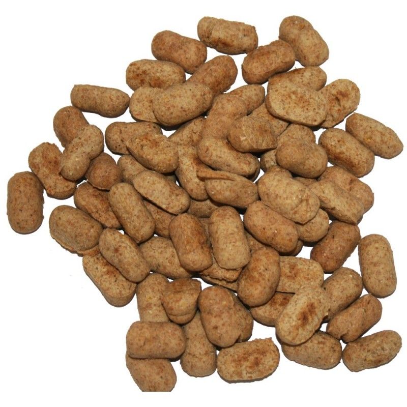 Hundekekse in länglicher Form, hellbraun. Viele Kekse liegen lose auf weißem Hintergrund.