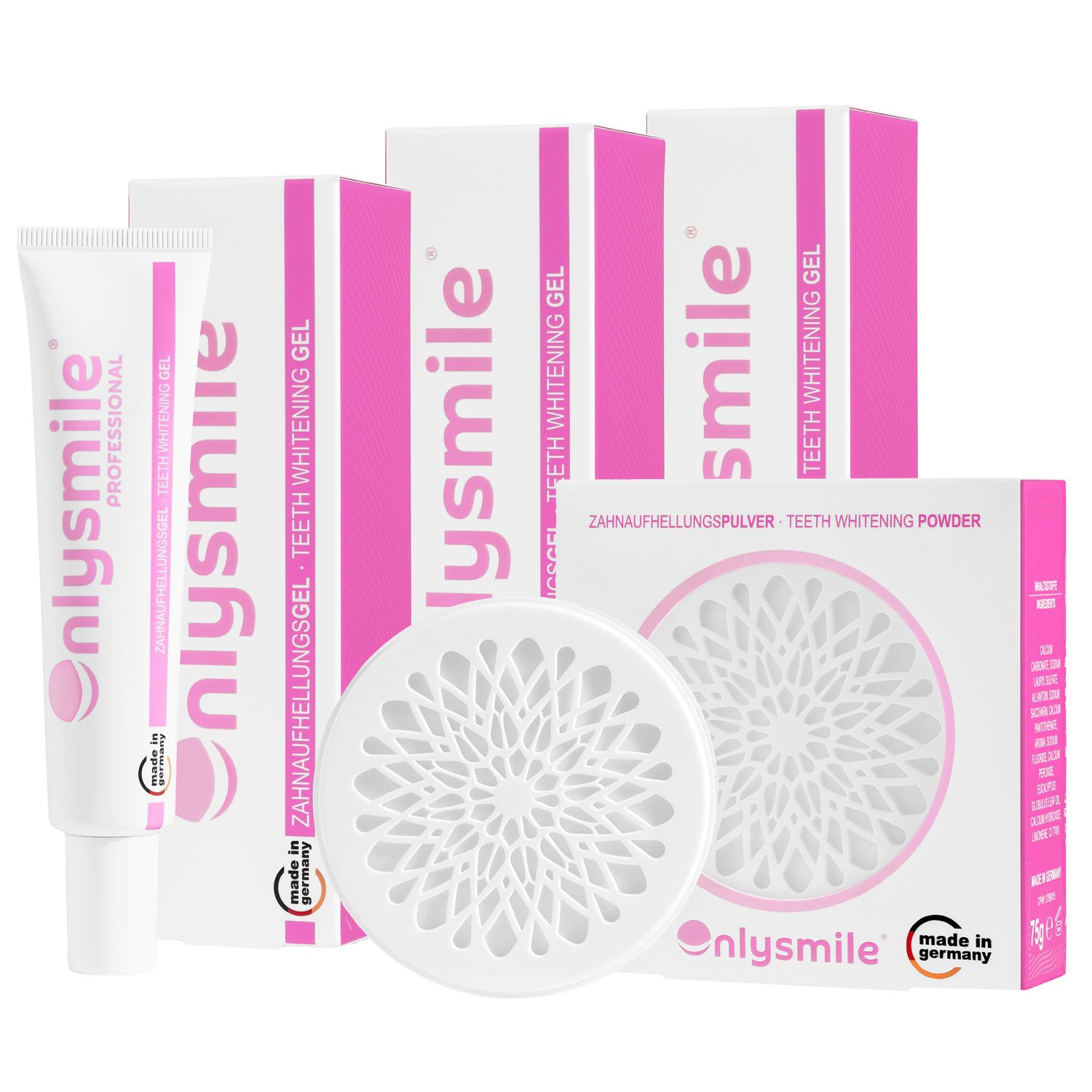 OnlySmile Produkte: Gel, Zahnpulver und Boxen. Text: Teeth Whitening Gel, Zahnpulver, Made in Germany.
