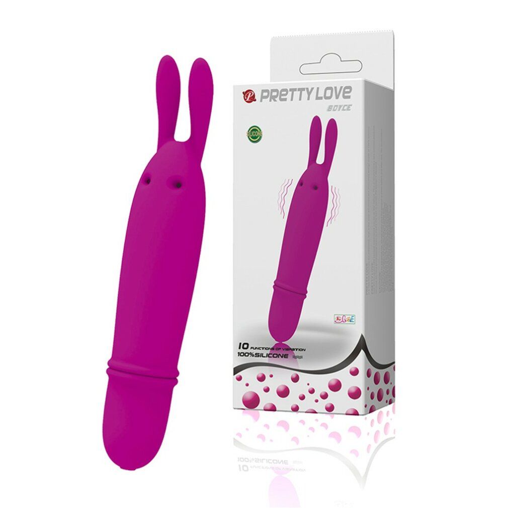 Lila Vibrator in Hasenform. Verpackung mit Produkt und Logo. 10 Vibrationsmodi.
