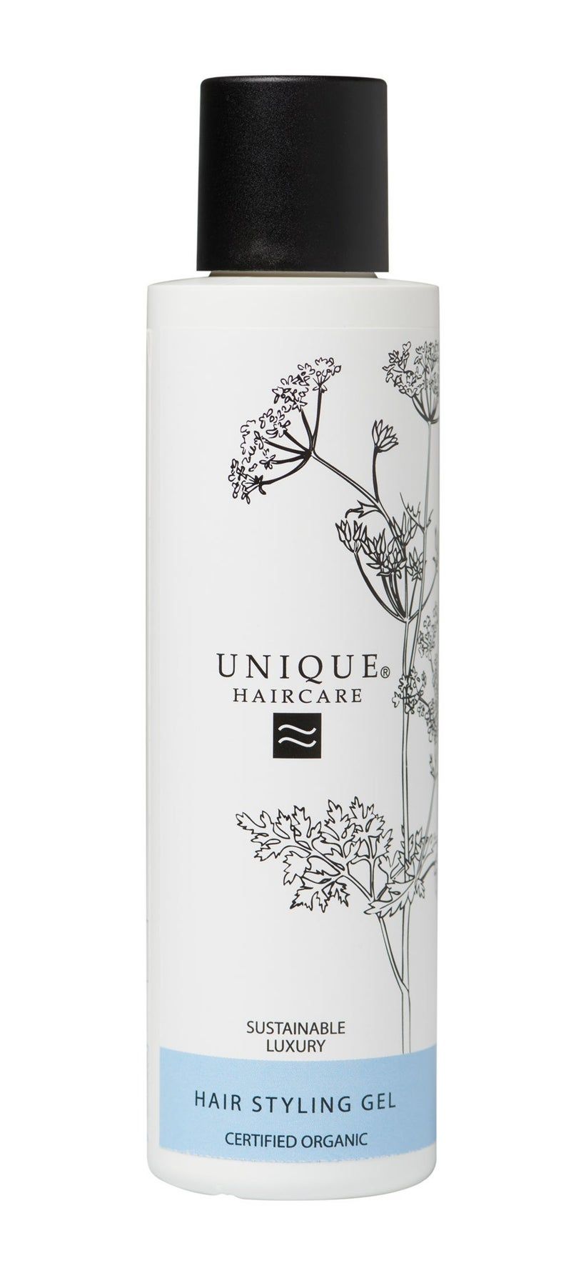Eine zylindrische Flasche Unique Haircare Hair Styling Gel. Die Flasche hat einen schwarzen Deckel und ein weißes Etikett mit floralen Illustrationen. Auf dem Etikett steht "UNIQUE HAIRCARE", "Sustainable Luxury", "Hair Styling Gel" und "Certified Organic".