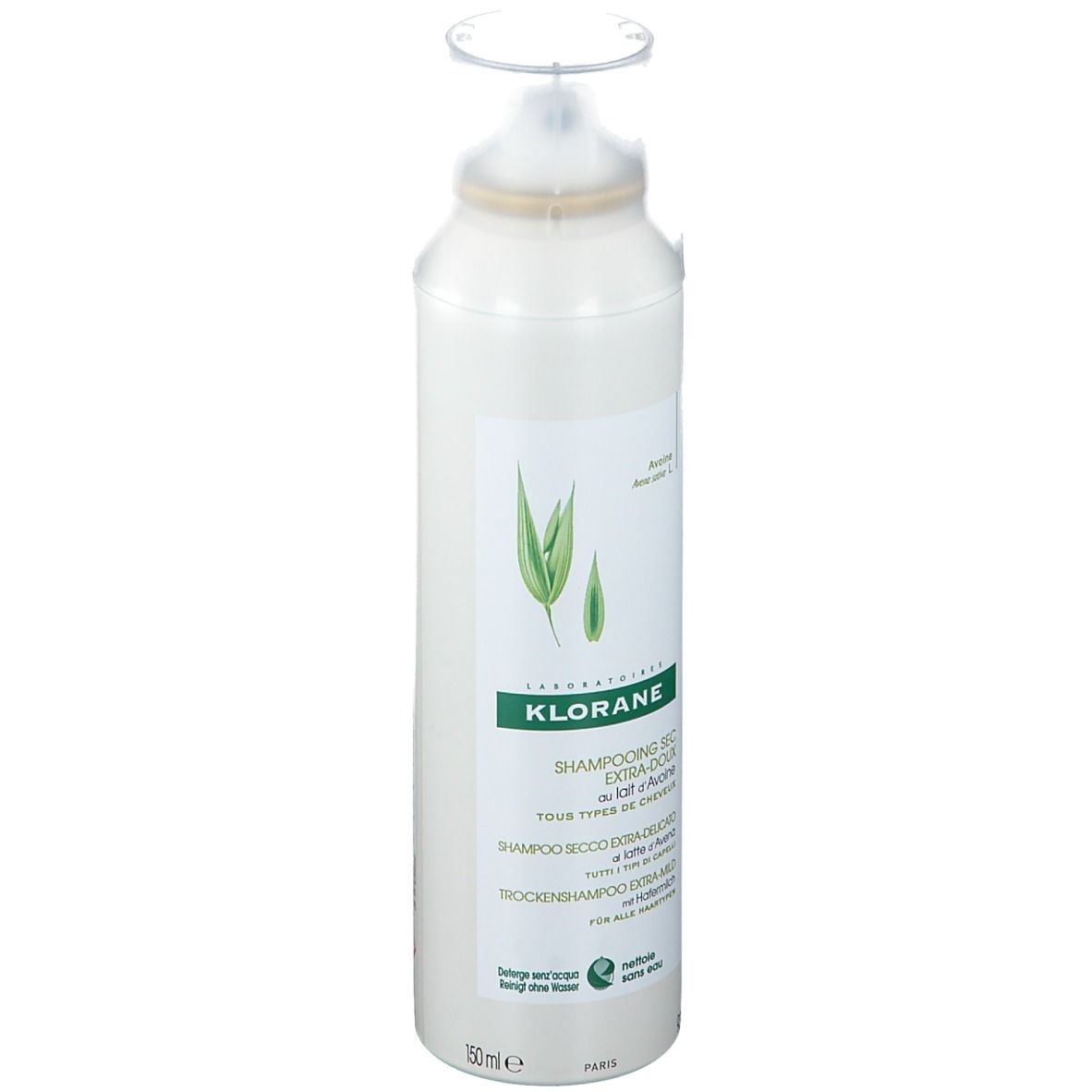 Weißes Spray mit Sprühkopf. Etikett mit Logo und Text: KLORANE, Trockenshampoo, Hafermilch. 150ml.