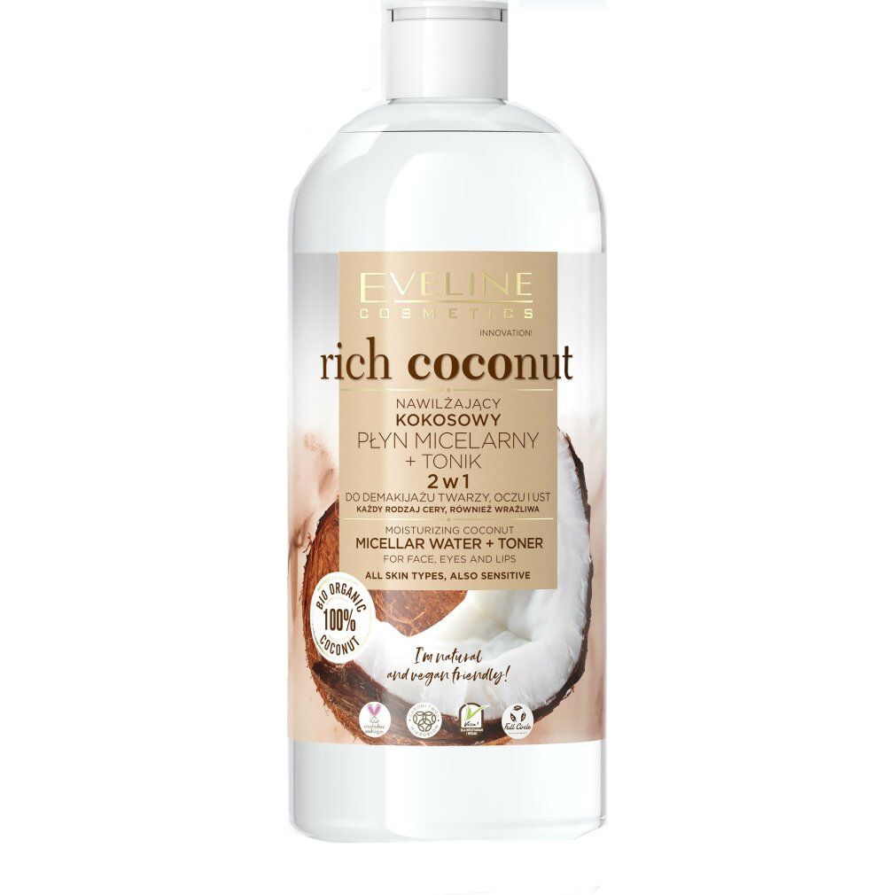 Klare Flasche mit weißem Deckel. Aufschrift: "rich coconut", "Micellar Water + Toner". Kokosnuss-Illustration.
