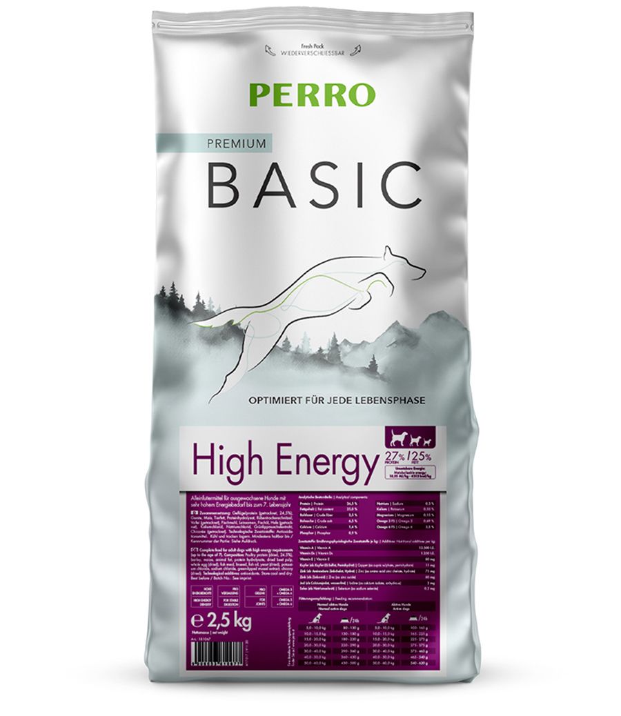 Hundefutter-Beutel. PERRO-Logo, PREMIUM BASIC, High Energy. Abbildung eines springenden Hundes. Inhalt: 2,5 kg.