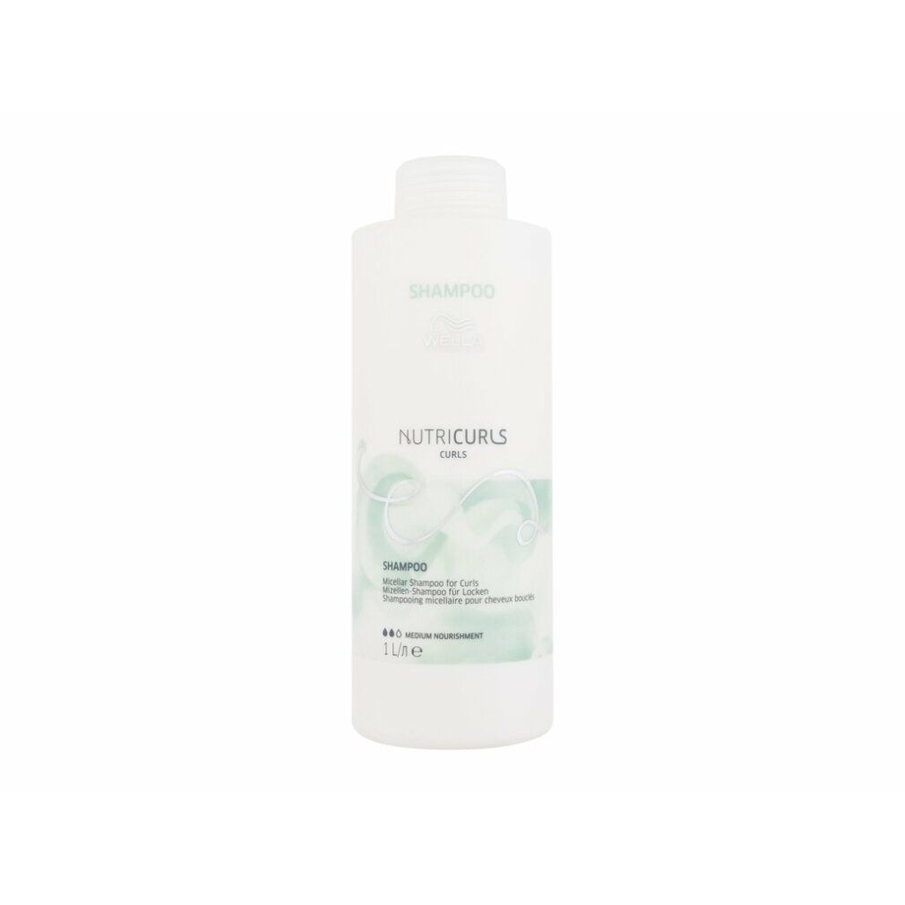 Weiße Flasche Nutricurls Shampoo. Text: Shampoo, Nutricurls, für Locken. 1 Liter. 8-in-1 Medium-Pflege.