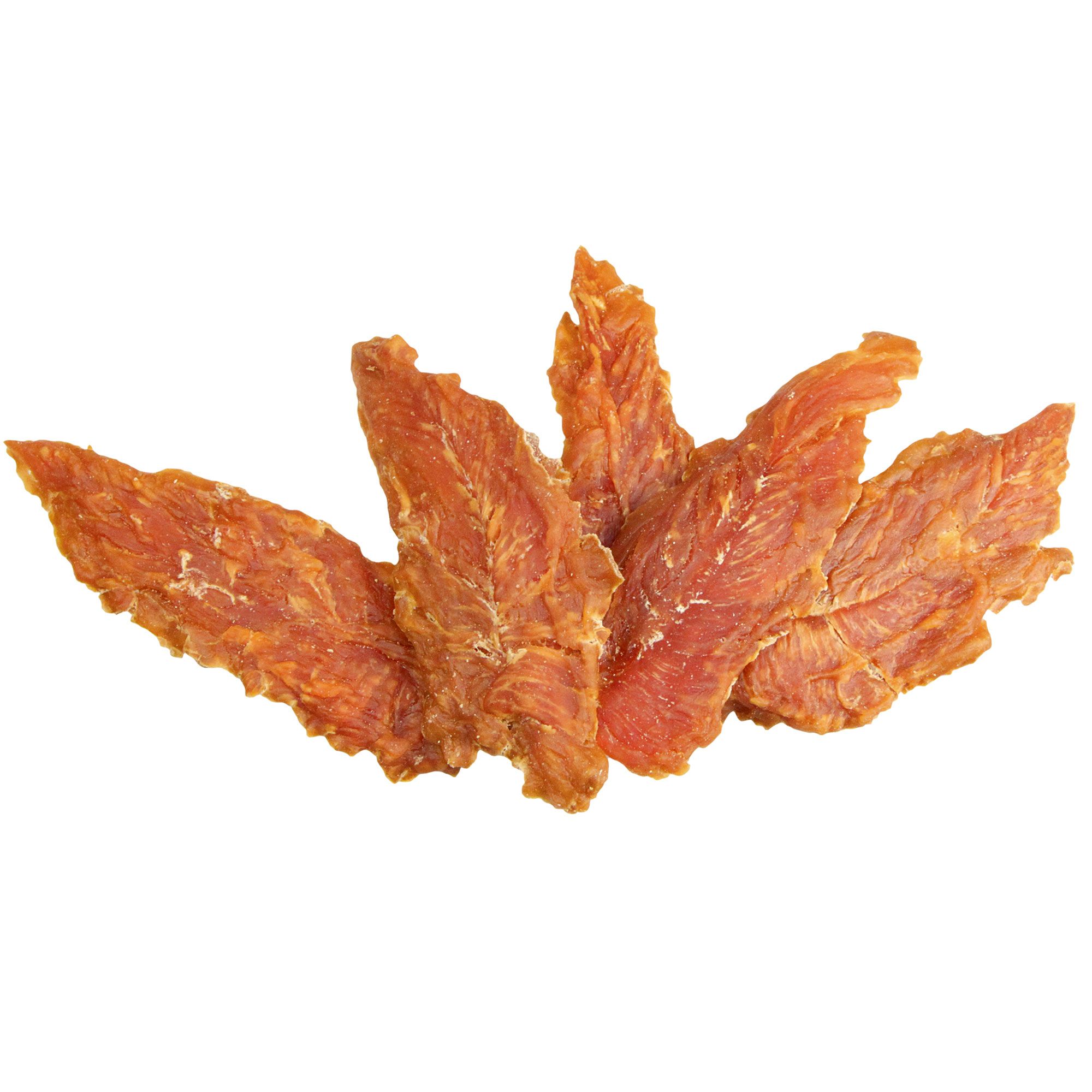 Mehrere getrocknete Hähnchenbrustfiletstücke, orangebraun, auf weißem Hintergrund. Knackig und fettarm.