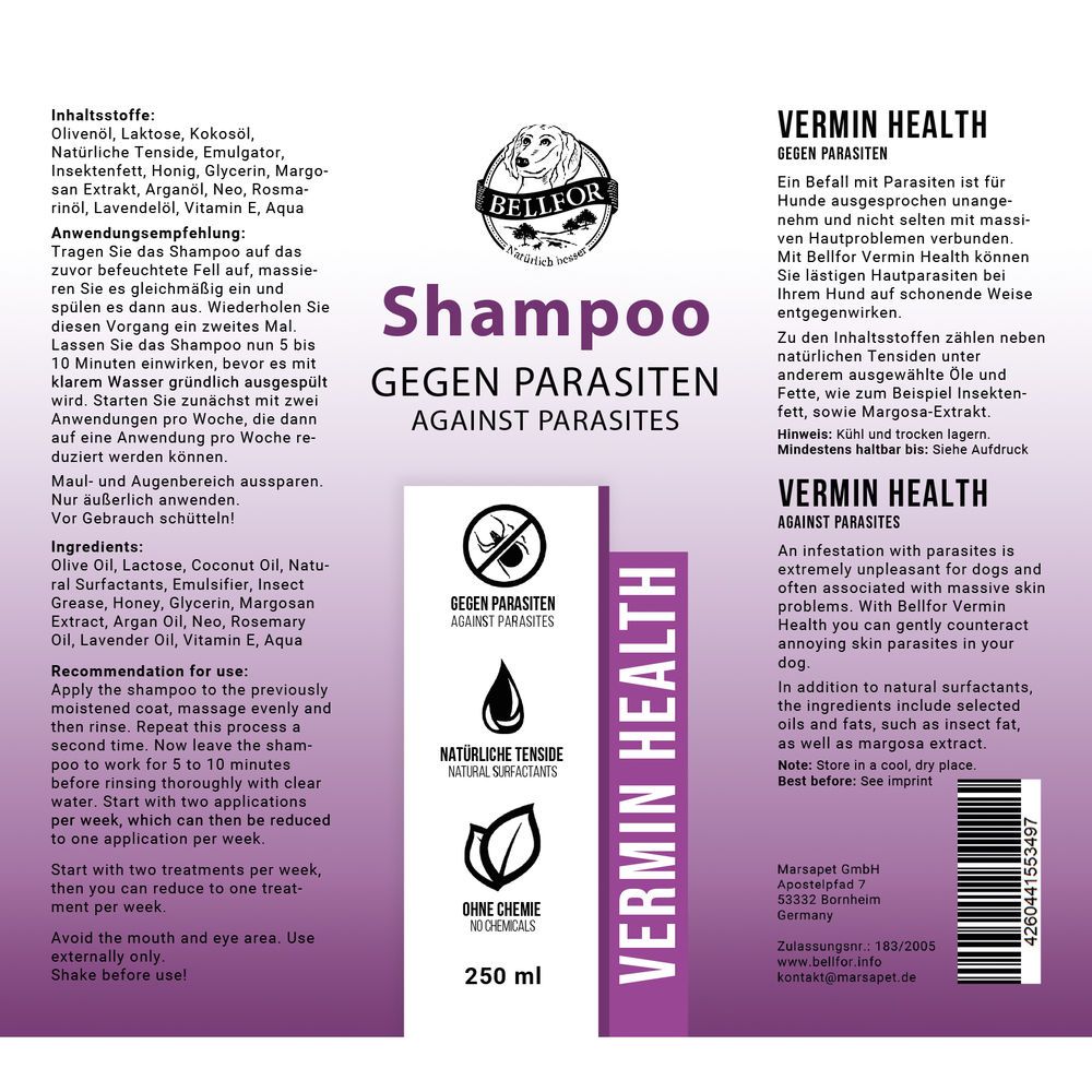 Etikett von Bellfor Hundeshampoo Vermin Health. Text: Gegen Parasiten, Inhaltsstoffe, Anwendungshinweise. Logo und Qualitätszeichen.