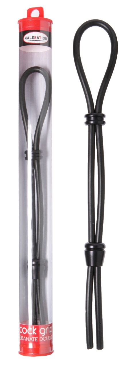 Schwarze Cock-Grip-Doppel neben transparenter Verpackung. Marke MALESATION. Rotes Etikett mit Produktbezeichnung.