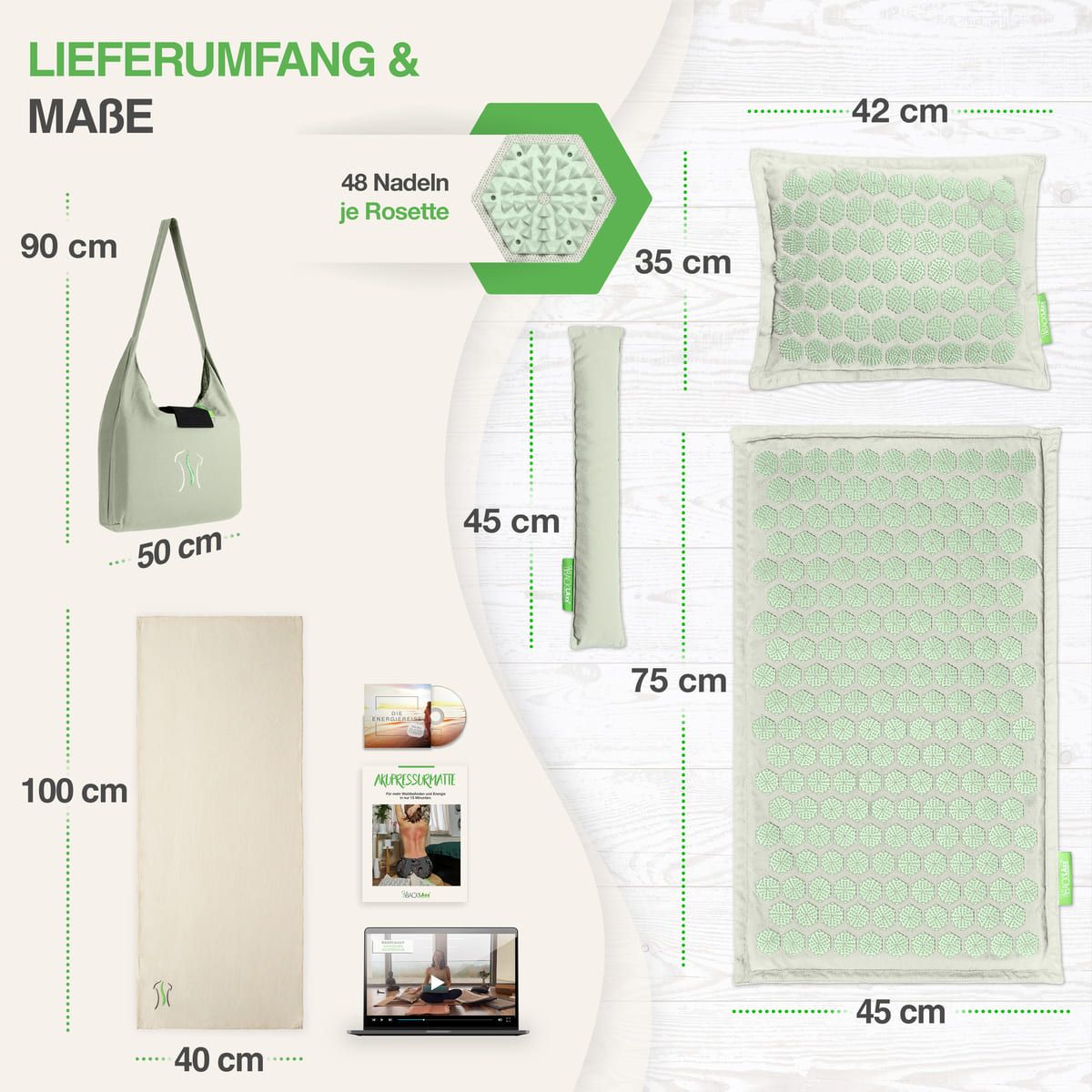 Akupressurmatten Set mit Tasche, Kissen, Matte, und Zubehör. Maße: Tasche 90x50cm, Matte 100x40cm, Kissen 42x35cm, Rolle 45cm, 48 Nadeln je Rosette.