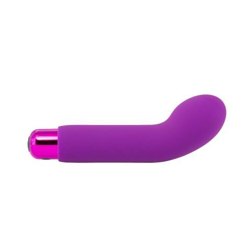 Lila Vibrator mit gebogener Form. Der Kopf ist pinkfarben, der Körper ist lila. Das Produkt ist auf weißem Hintergrund.