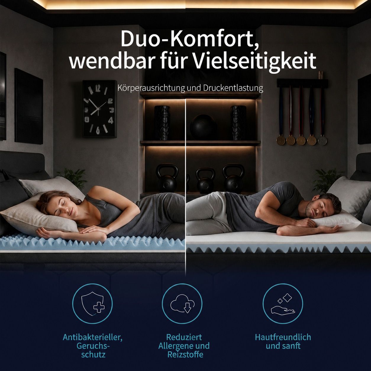 Paar schläft auf Toppern. Symbole für antibakteriell, allergenreduzierend, hautfreundlich.