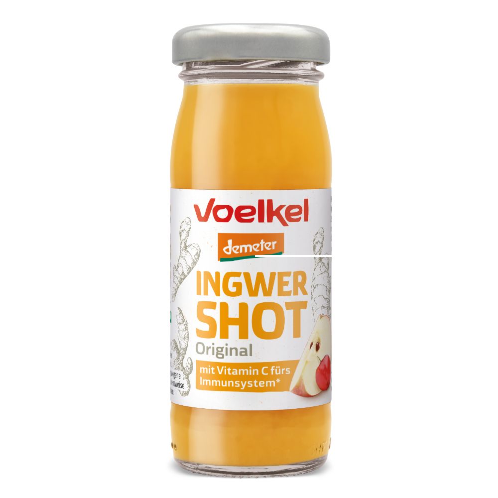 Glasflasche mit gelbem Inhalt. Etikett mit "Voelkel Ingwer Shot Original" und "Vitamin C". Demeter-Siegel.
