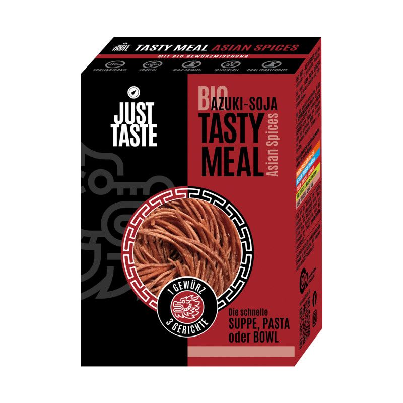 Verpackung von Just Taste Tasty Meal Azuki-Soja Asian Spices. Rote und schwarze Box mit Produktnamen und Nudeln.