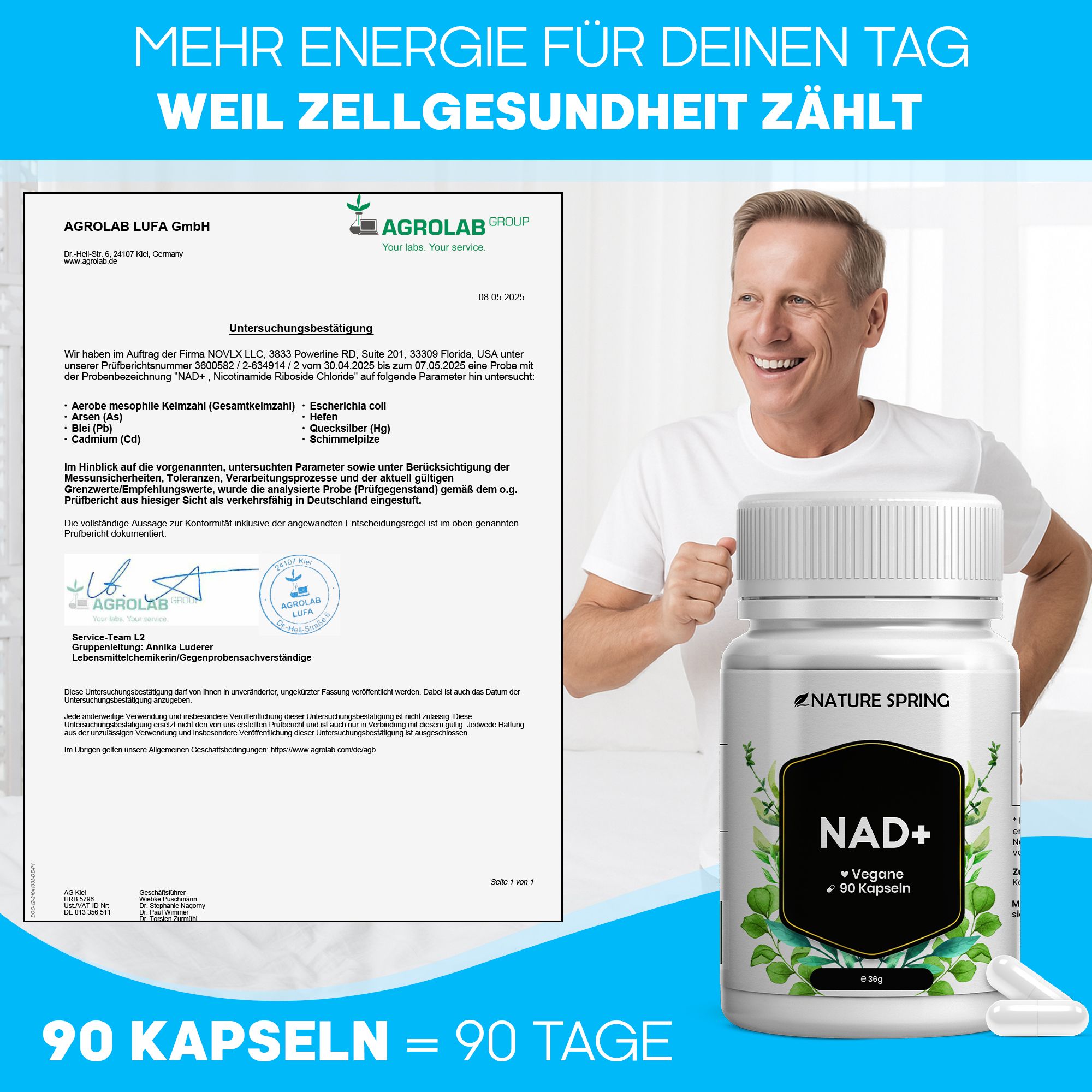 Nature Spring NAD+ Kapseln: Laborbericht und lächelnder Mann. 90 Kapseln für 90 Tage.