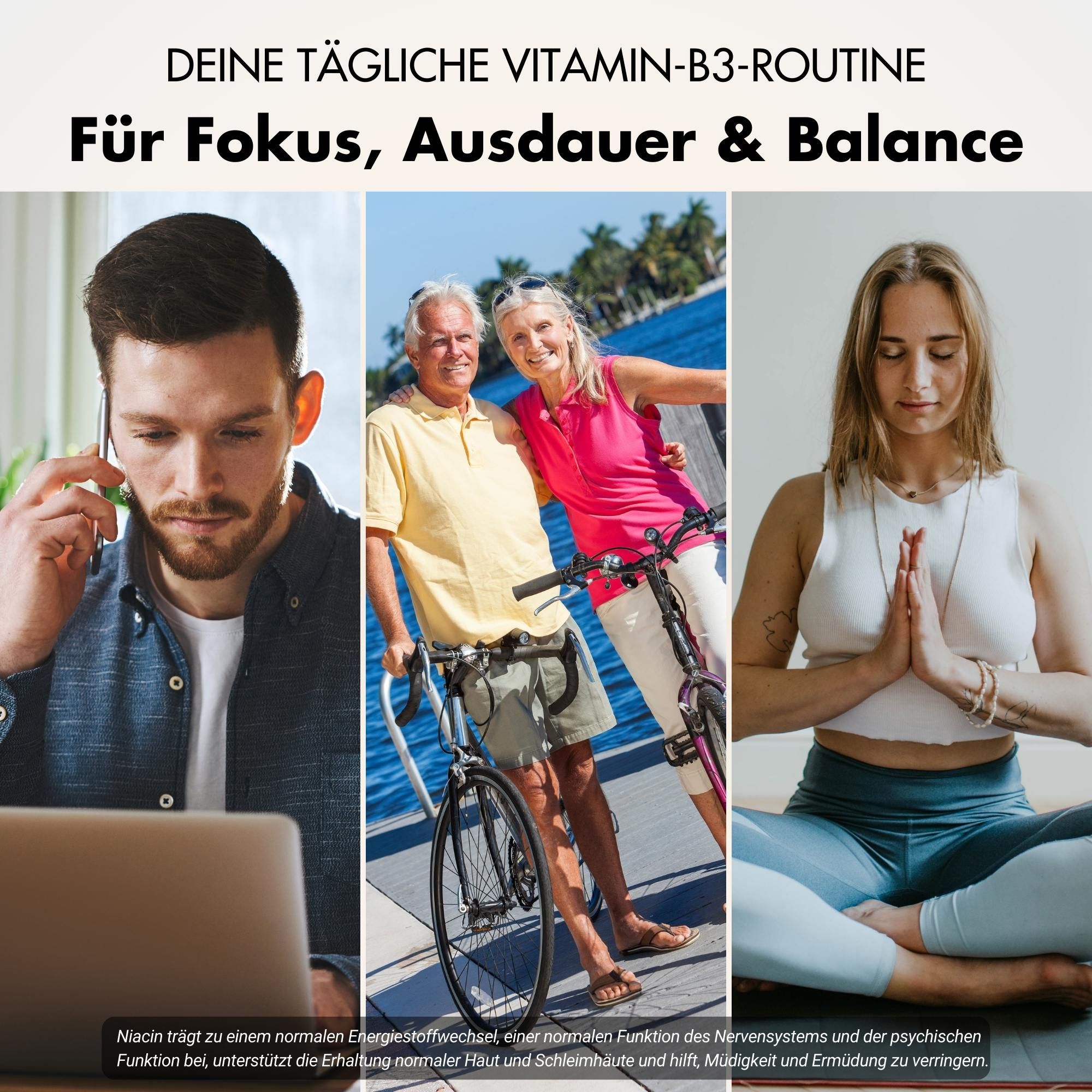 Drei Bilder von Personen. Text: Für Fokus, Ausdauer & Balance. Mann am Laptop, älteres Paar, Frau beim Yoga.