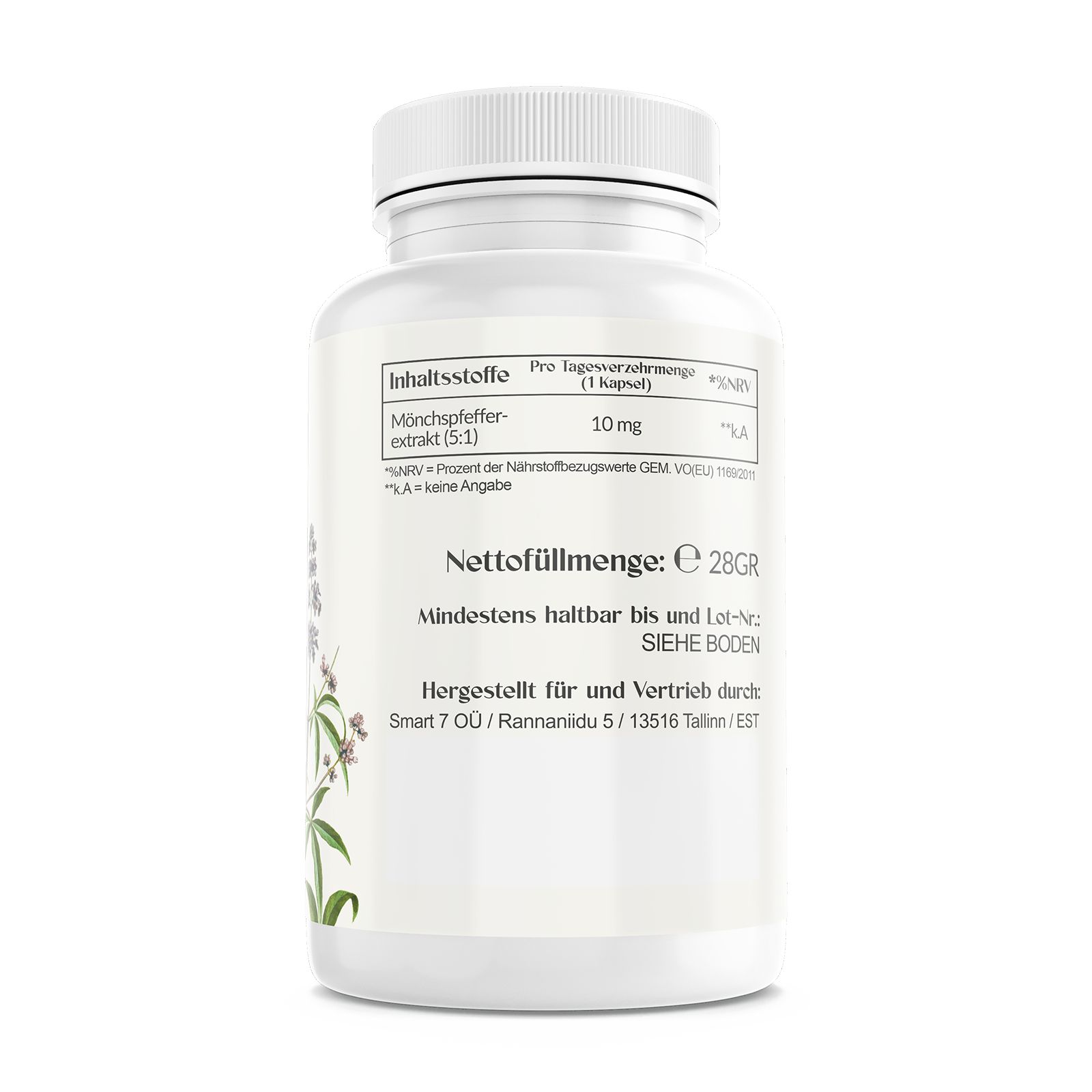 Rückseite einer weißen Flasche mit Kapseln. Text: Inhaltsstoffe, Nettomenge, Mindestens haltbar bis, hergestellt für und Vertrieb durch. Pflanzenillustration.