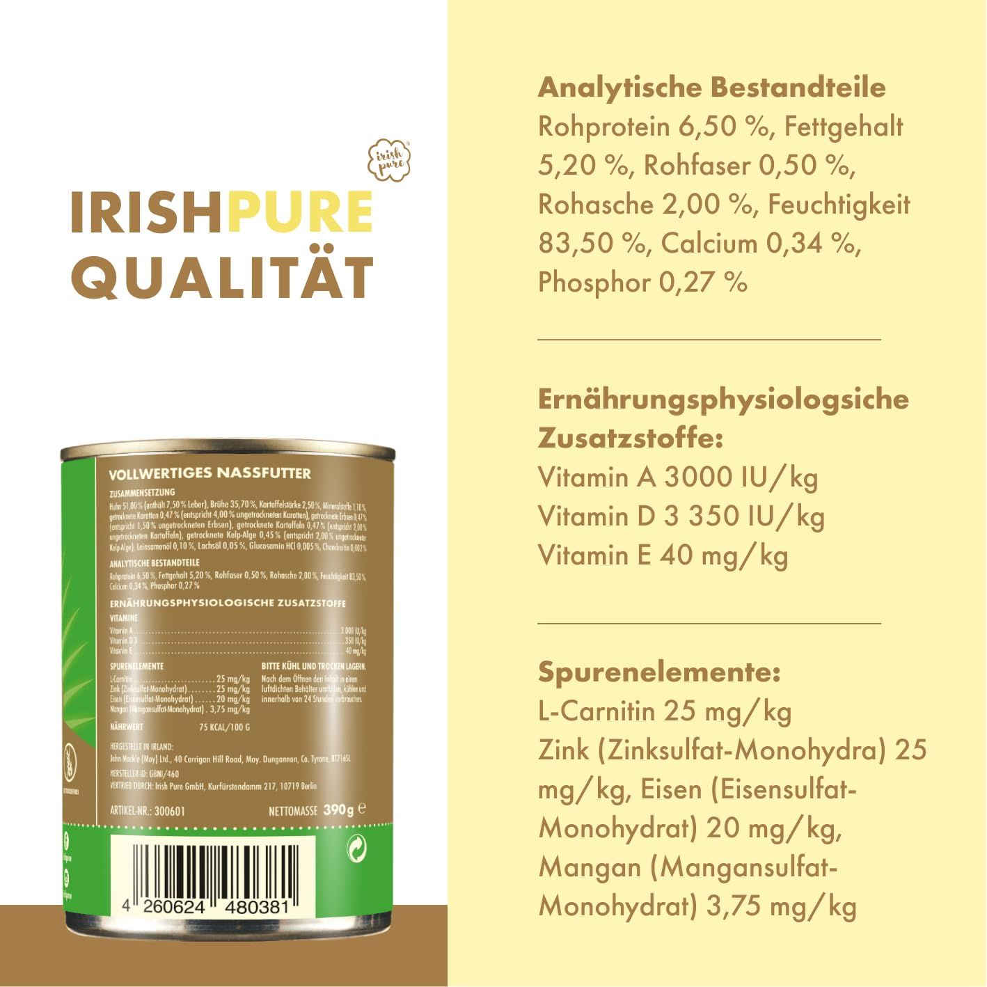 Dose Hundefutter mit analytischen Bestandteilen und Zusatzstoffen.