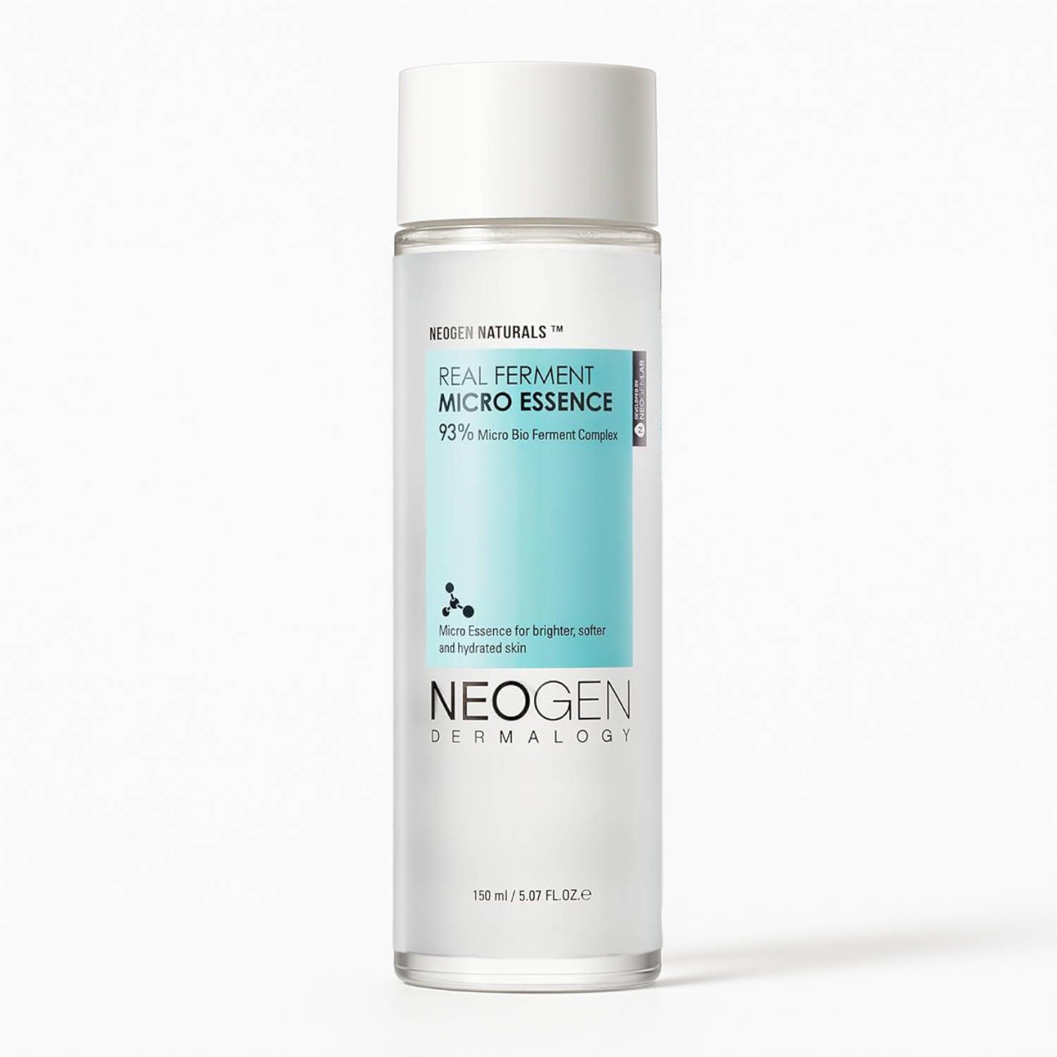 Zylindrische Flasche mit weißem Deckel. Aufkleber mit Produktnamen und Marke: NEOGEN Dermalogy Real Ferment Micro Essence.