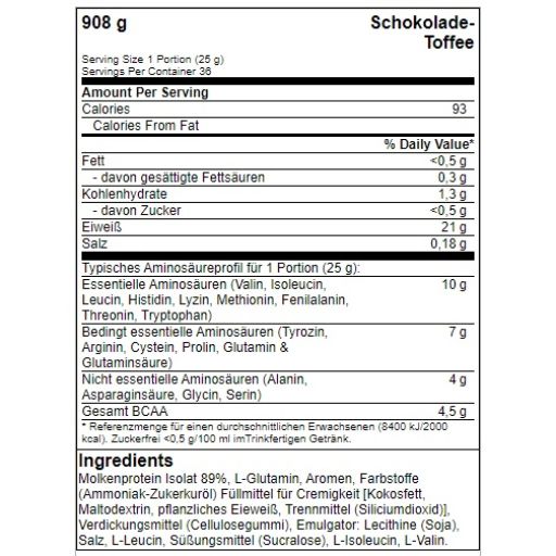 Nährwerttabelle für BiotechUSA Iso Whey Zero Schokolade-Toffee. Enthält Informationen zu Kalorien, Fett, Kohlenhydraten, Eiweiß und Salz.