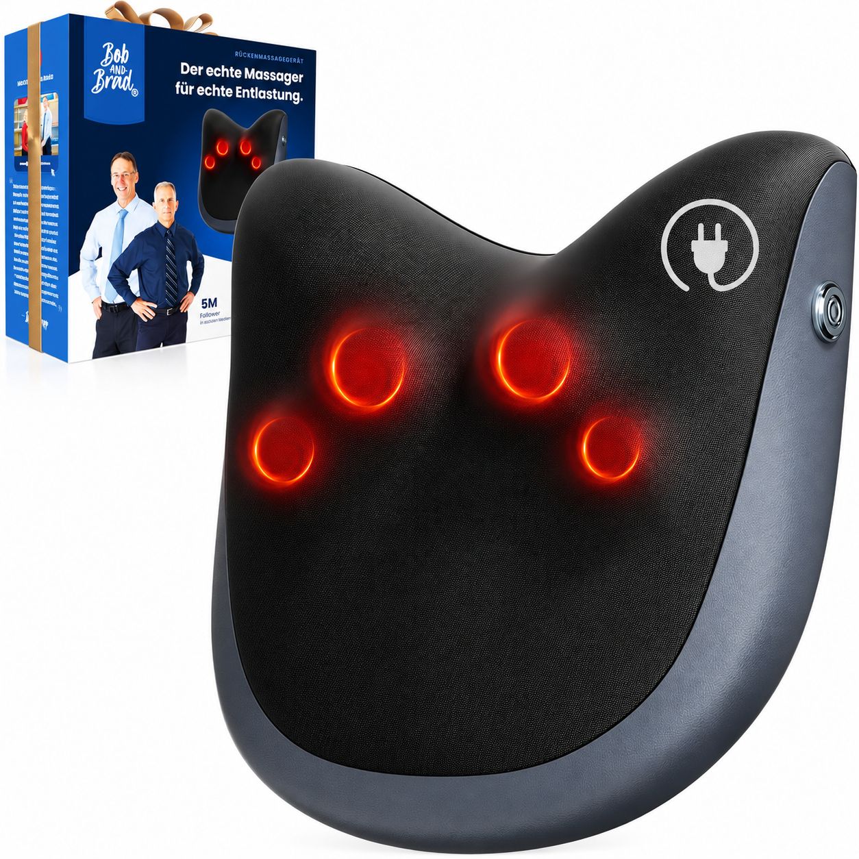 Schwarzes Nackenmassagegerät mit 4 roten Heizpunkten und Verpackung.