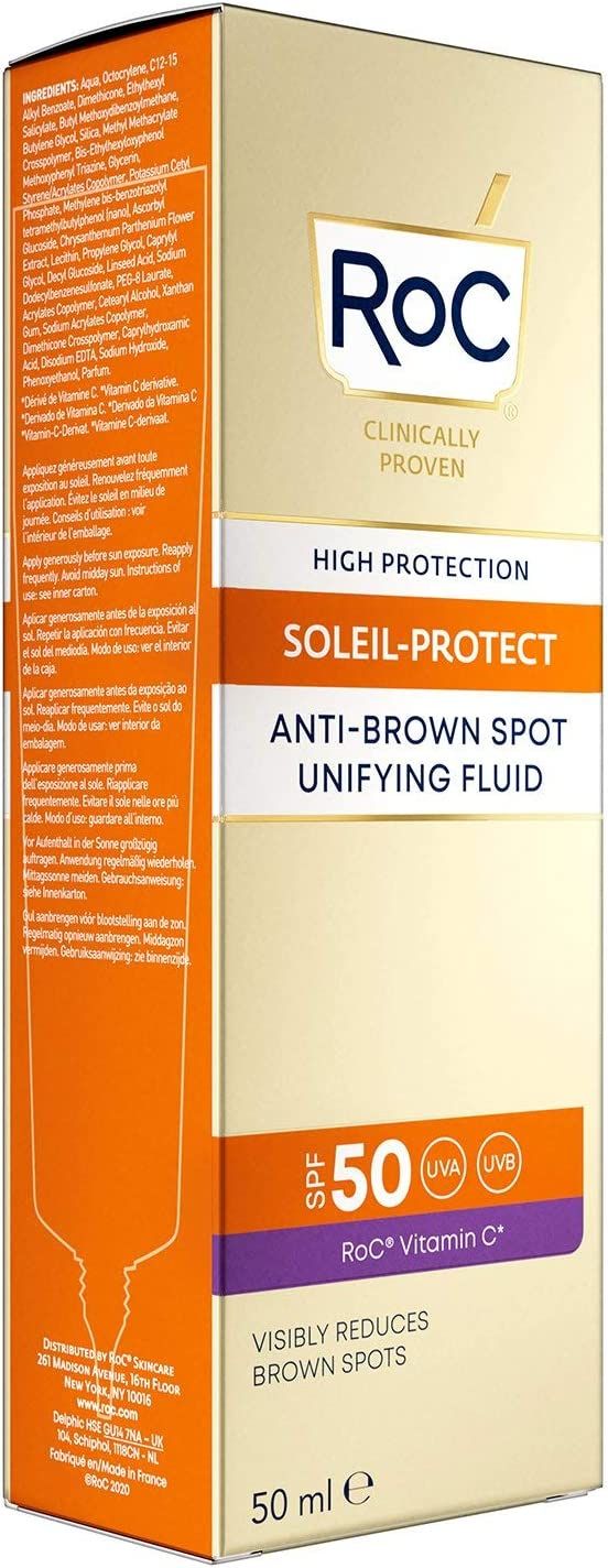 Verpackung RoC Soleil-Protect. Text: Anti-Flecken, UVA/UVB-Schutz, SPF 50. Inhaltsstoffe und Anweisungen auf der Rückseite.