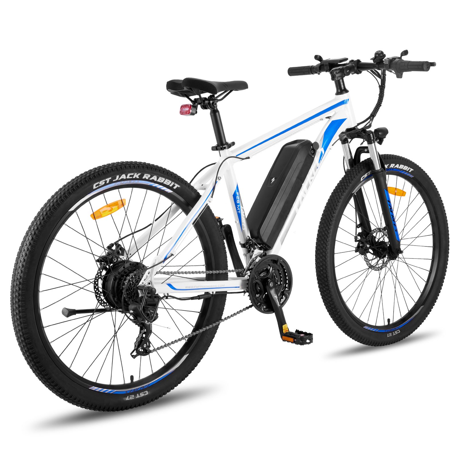 Weißes E-Mountainbike mit blauen Akzenten. Schwarze Reifen, Sattel und Lenker. Akku am Rahmen.