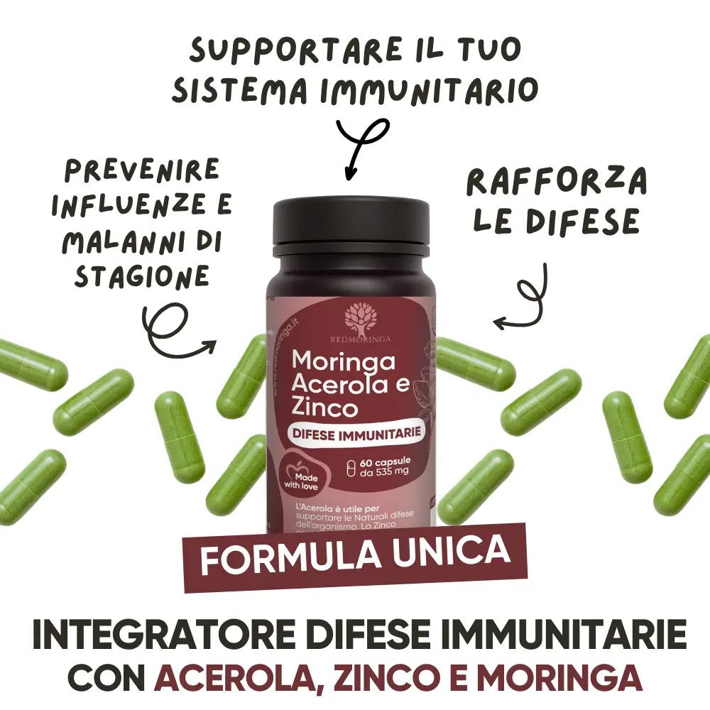 Flasche mit grünen Kapseln. Text: Moringa Acerola und Zink, Abwehrkräfte. Unterstützt das Immunsystem. 60 Kapseln.