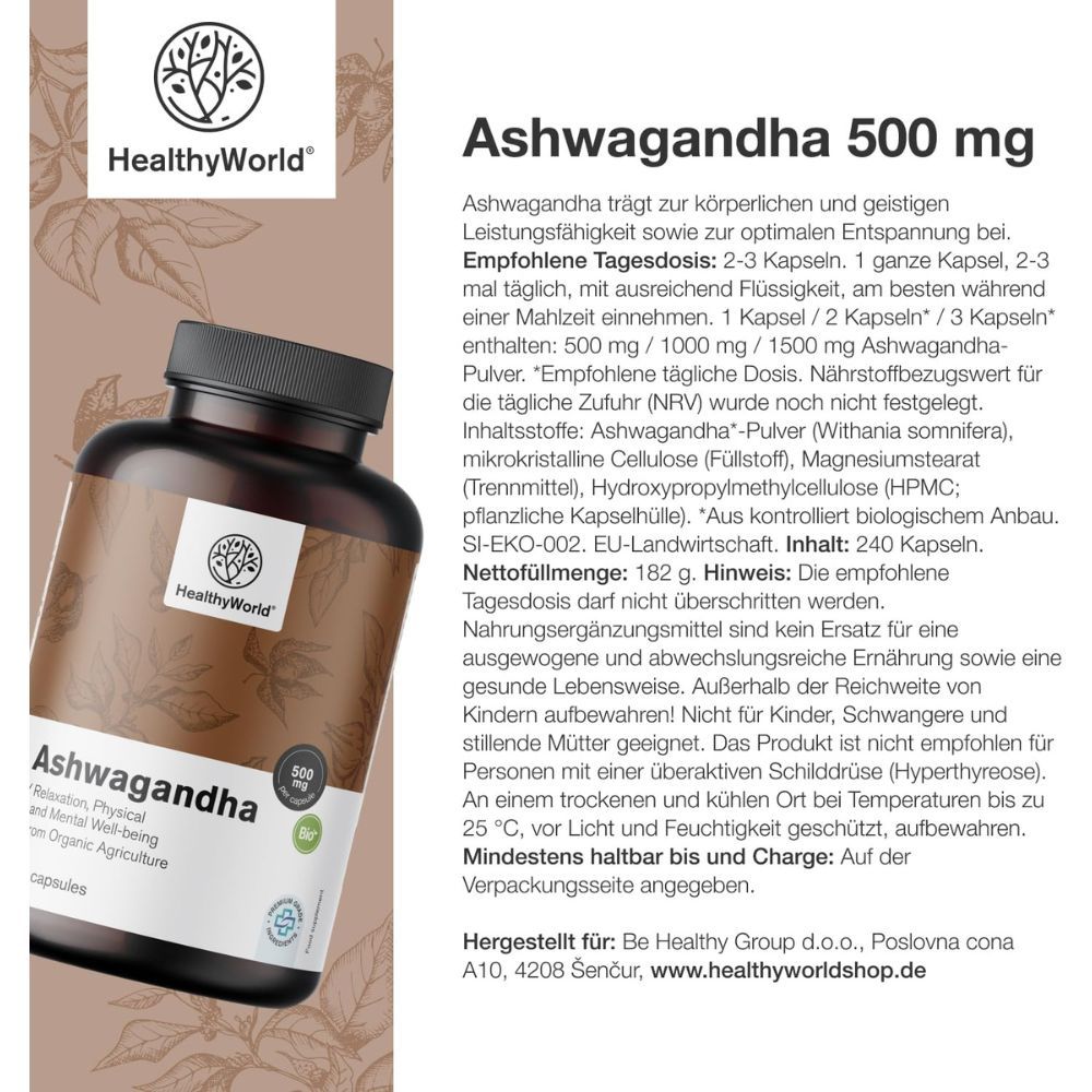Flasche mit Ashwagandha 500 mg. Text: Ashwagandha trägt zur körperlichen und geistigen Leistungsfähigkeit bei.