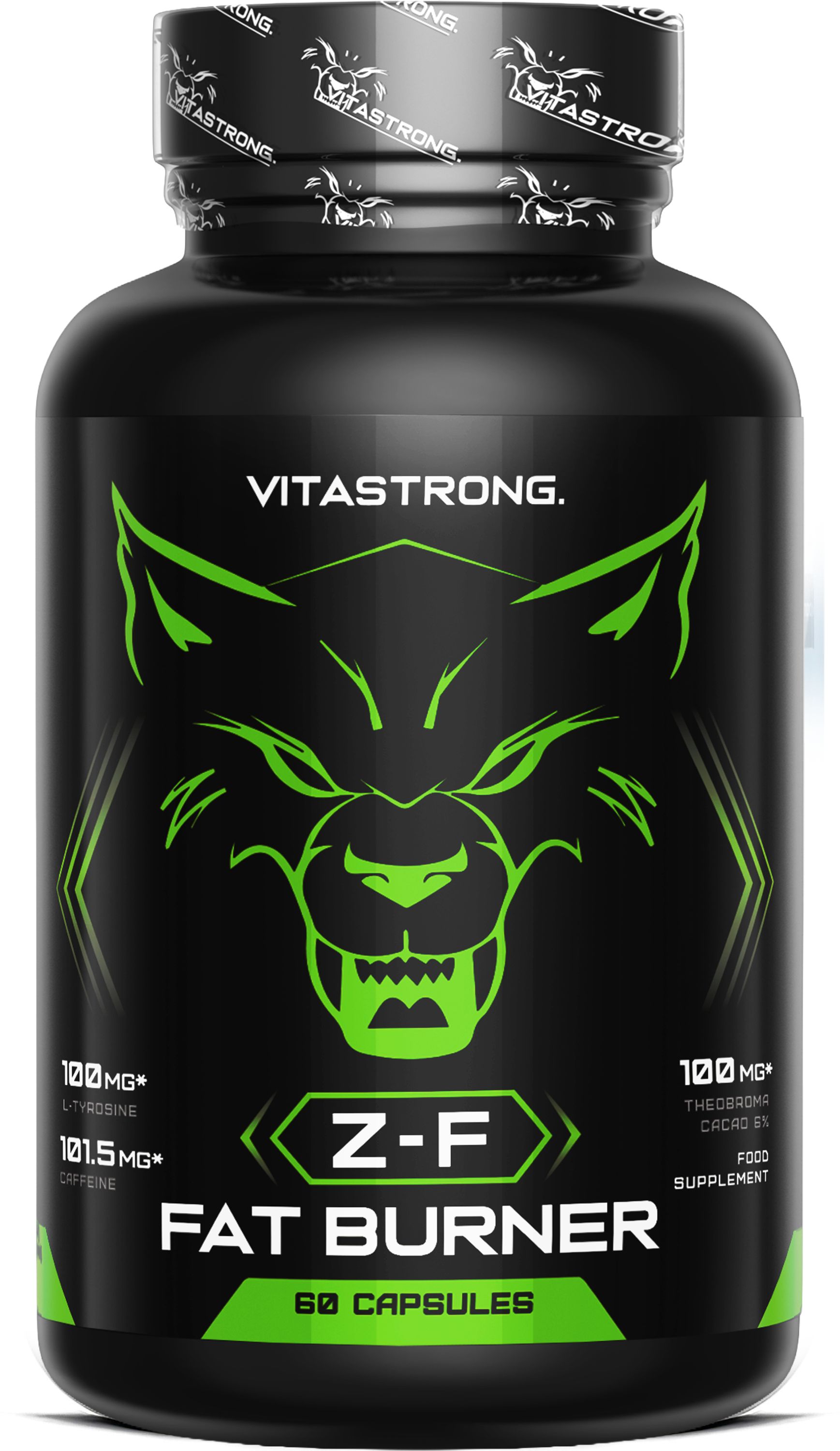 Vitastrong Z-F Fat Burner Kapselbehälter mit Wolfskopf-Design.