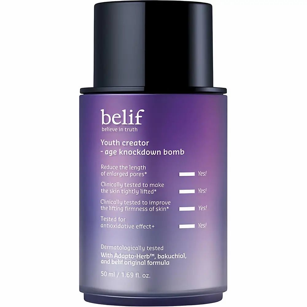 Lila Flasche mit schwarzem Deckel. Aufschrift: belif, Youth creator - age knockdown bomb. Text: Reduziert Porengrösse, strafft Haut, verbessert Hautfestigkeit.
