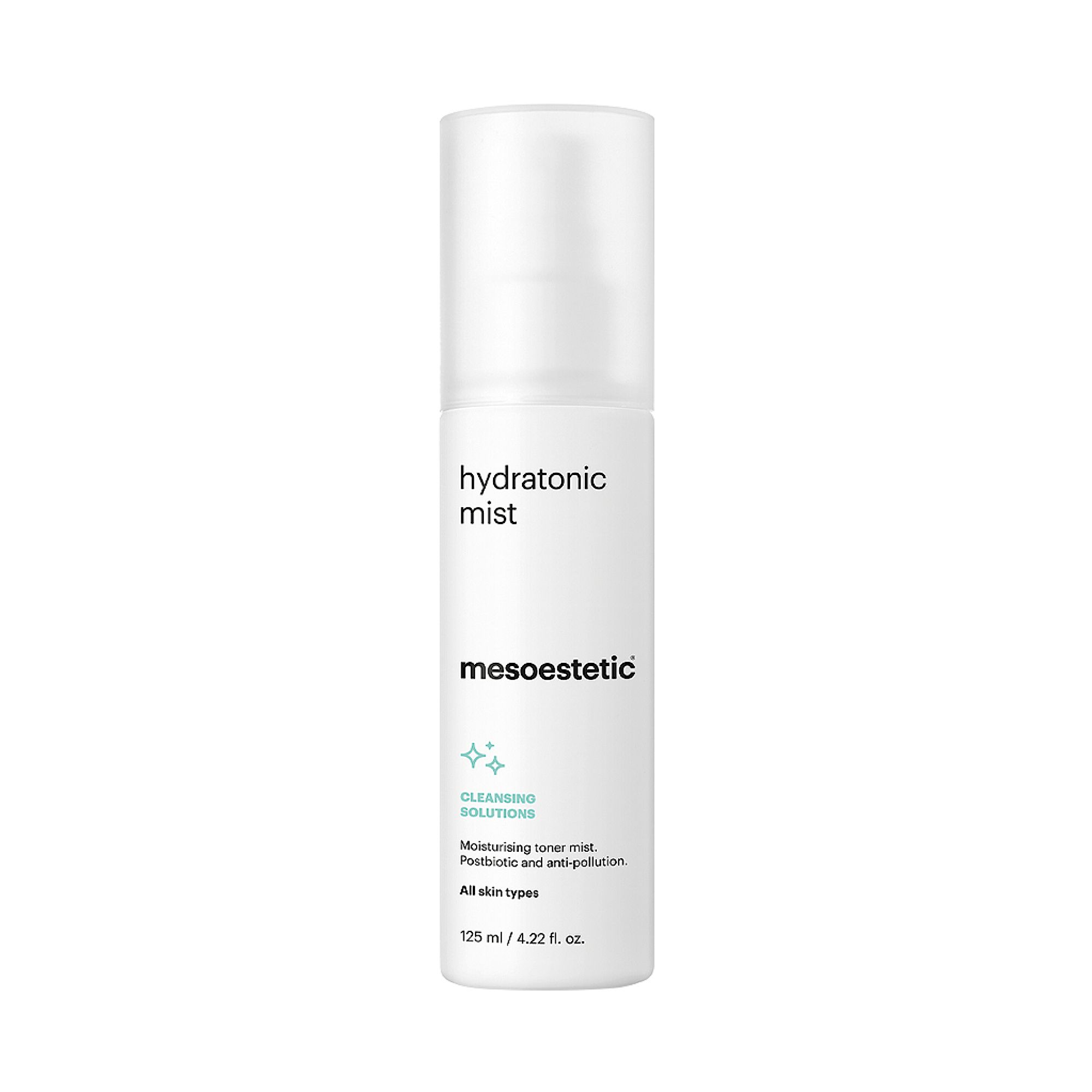 Weiße Sprühflasche mit "hydratonic mist" und "mesoestetic" Schriftzug. Enthält 125 ml. Für alle Hauttypen.