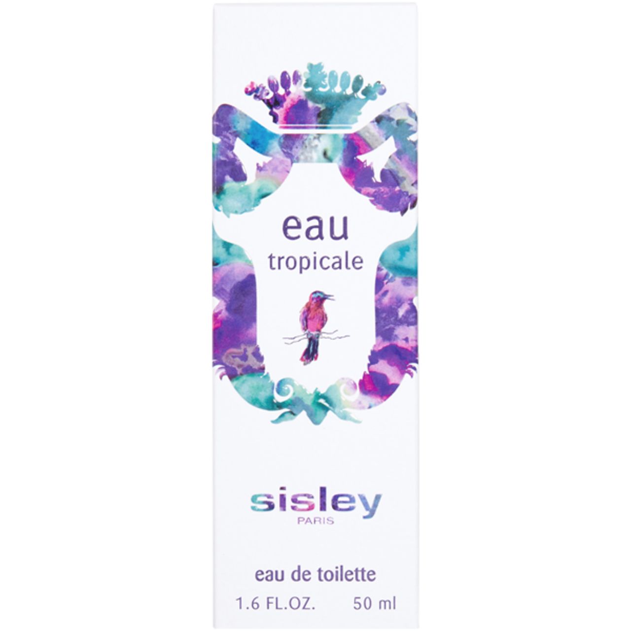 Weiße Verpackung mit Aufschrift: Eau Tropicale, eau de toilette. Logo mit Vogel. Unten: Sisley Paris, 1.6 FL.OZ. 50 ml.