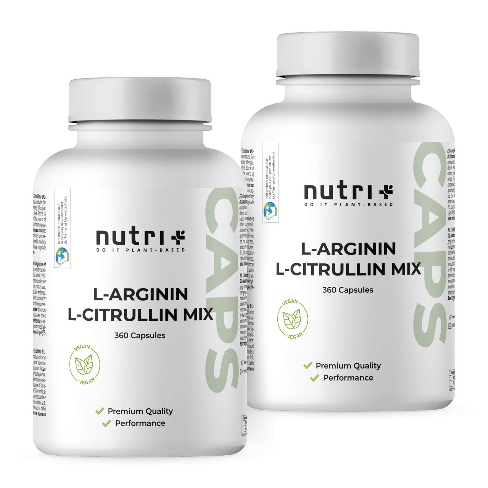 Zwei weiße Flaschen mit Kapseln. Aufschrift: nutri+ L-Arginin L-Citrullin Mix. 360 Kapseln. Vegan. Premium Qualität.