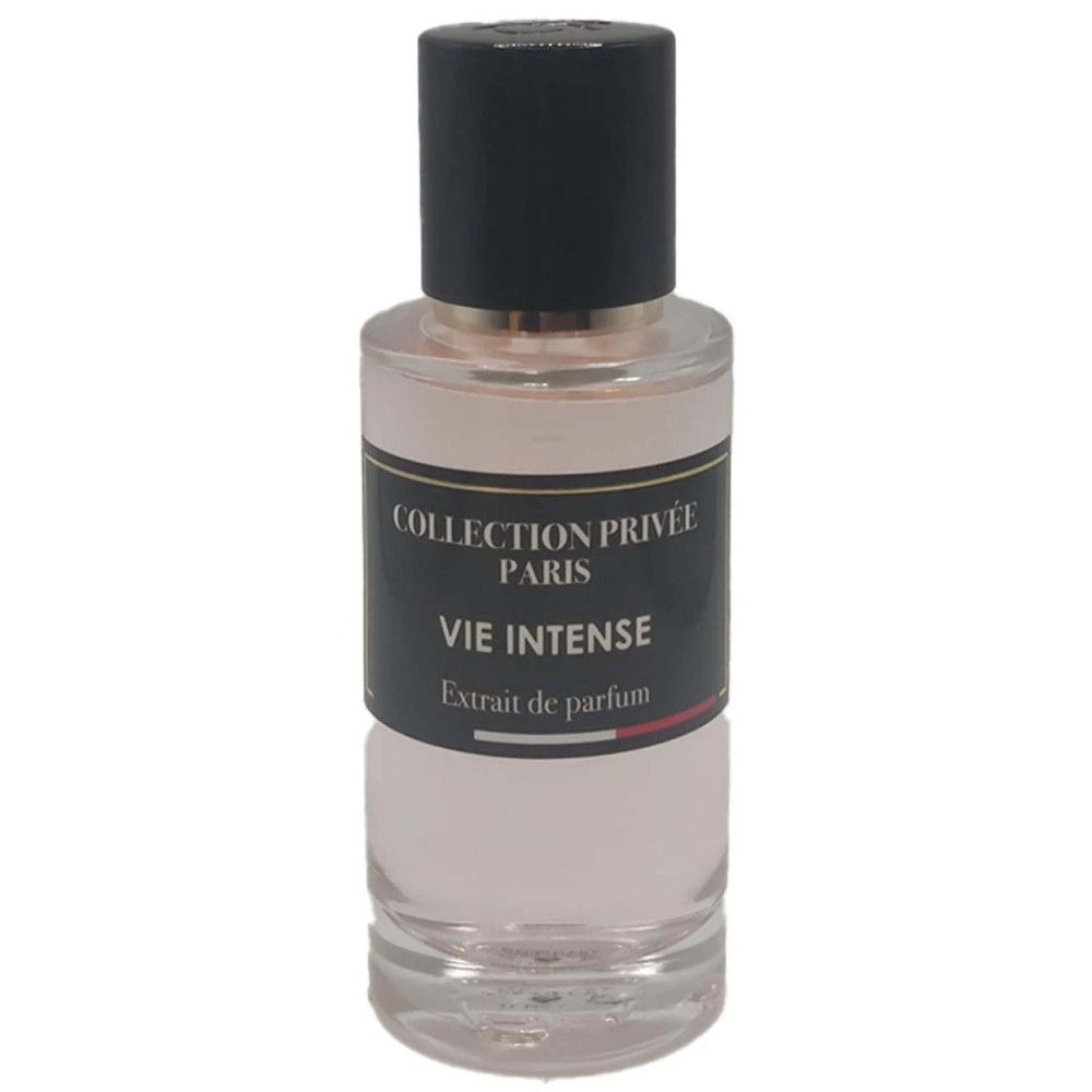 Flakon mit schwarzem Deckel. Aufschrift: Collection Privée Paris, Vie Intense, Extrait de parfum.
