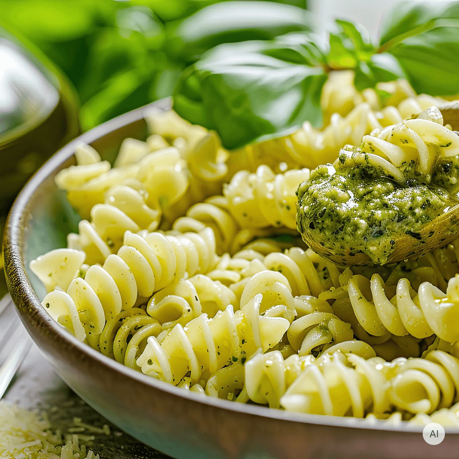 Fusilli-Nudeln mit Pesto in einer Schüssel, garniert mit Basilikum.