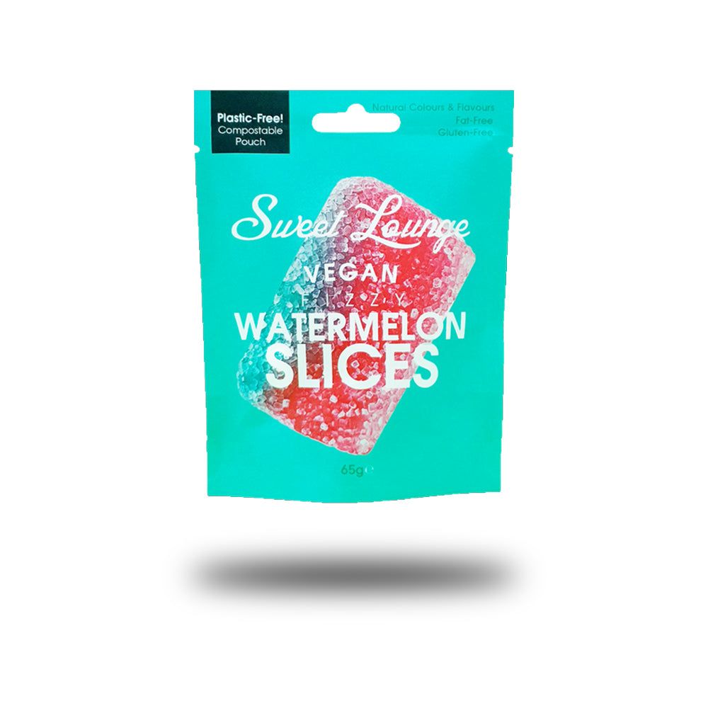 Verpackung mit Wassermelonen-Gummischeiben. Marke: Sweet Lounge. Vegan. Türkis-farbener Beutel mit Produktabbildung und Schriftzug.