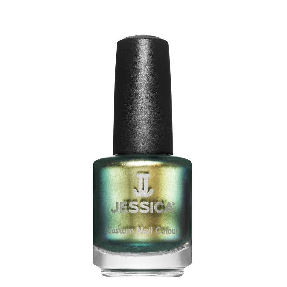 Nagellackflasche mit schwarzem Deckel. Grün-goldener Farbton. Aufschrift: JESSICA Custom Nail Colour.