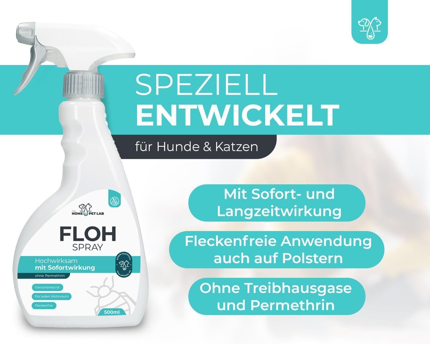 Weiße Sprühflasche mit blauem Etikett. Text: FLOH SPRAY, speziell entwickelt für Hunde & Katzen. Sofort- und Langzeitwirkung.