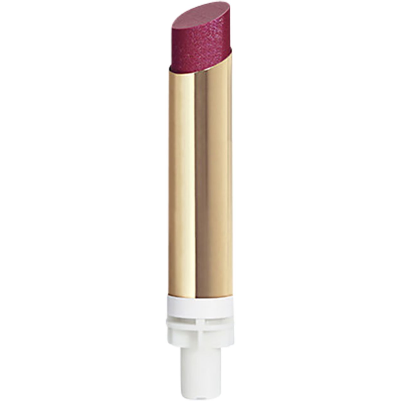Lippenstift-Nachfüllung. Goldfarbene Hülse, pinkfarbene Spitze. Weißer Sockel.