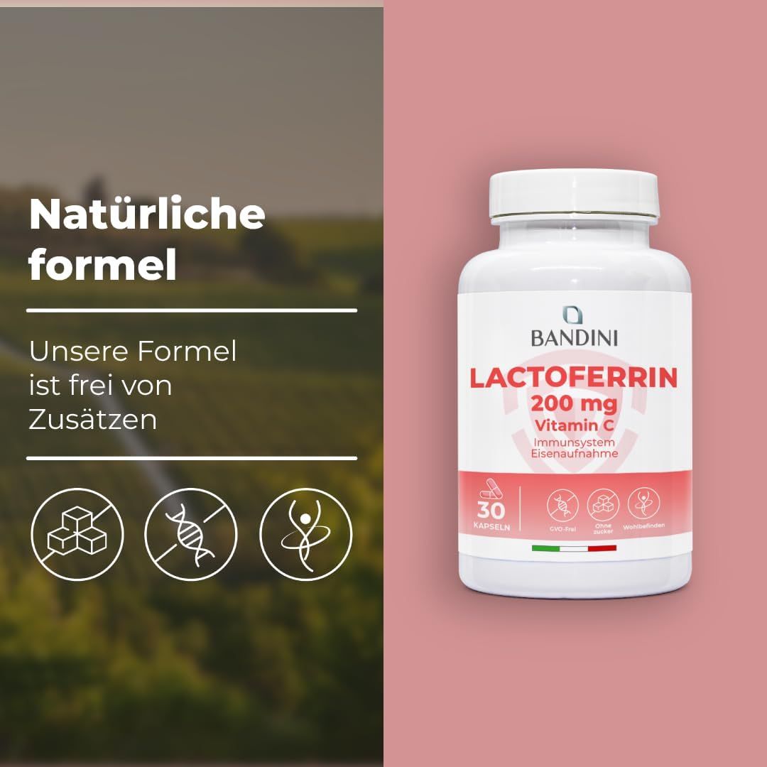 Weiße Flasche mit rotem Etikett. Aufschrift: Bandini Lactoferrin 200 mg Vitamin C. 30 Kapseln.