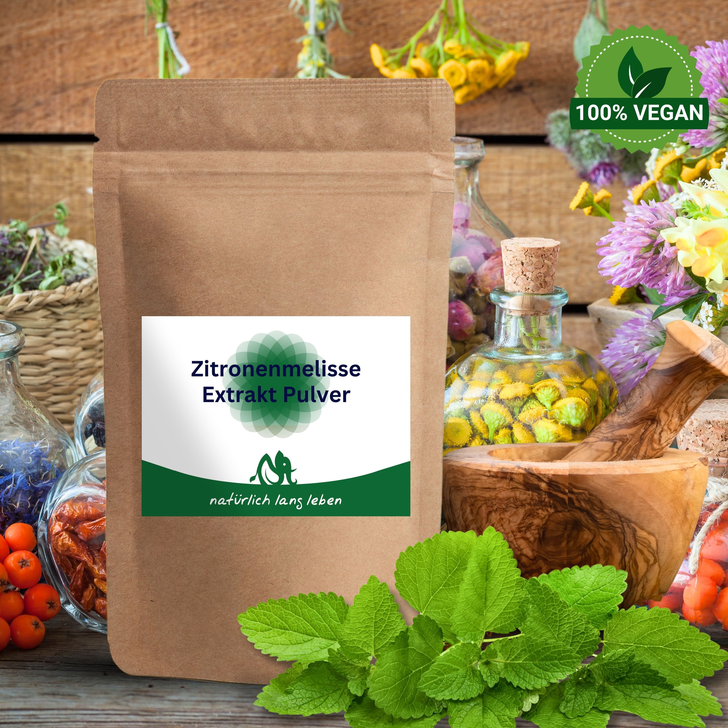 Braune Papierverpackung mit Etikett. Auf dem Etikett steht: Zitronenmelisse Extrakt Pulver. Logo und Schriftzug: natürlich lang leben. 100% Vegan.