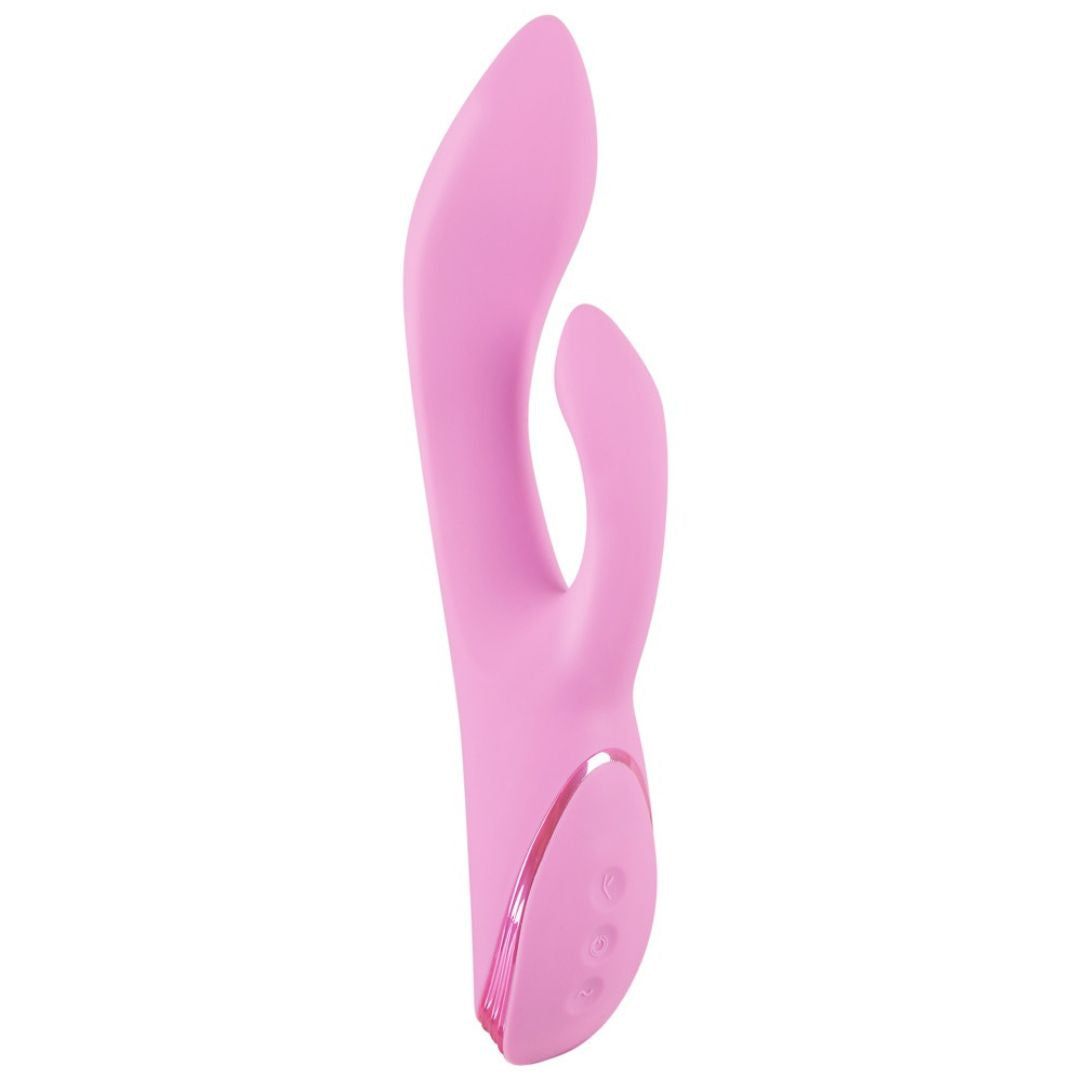 Rosa Vibrator mit gebogener Form und einem zusätzlichen, gebogenen Teil. Drei Knöpfe an der Basis.