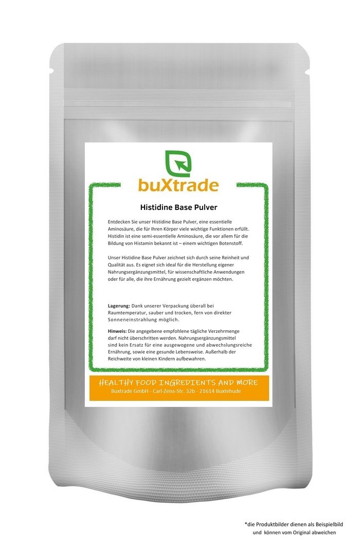 Beutel mit buXtrade Histidine Base Pulver. Weißer Beutel mit grünem Etikett. Text: Histidine Base Pulver, HEALTHY FOOD INGREDIENTS AND MORE.