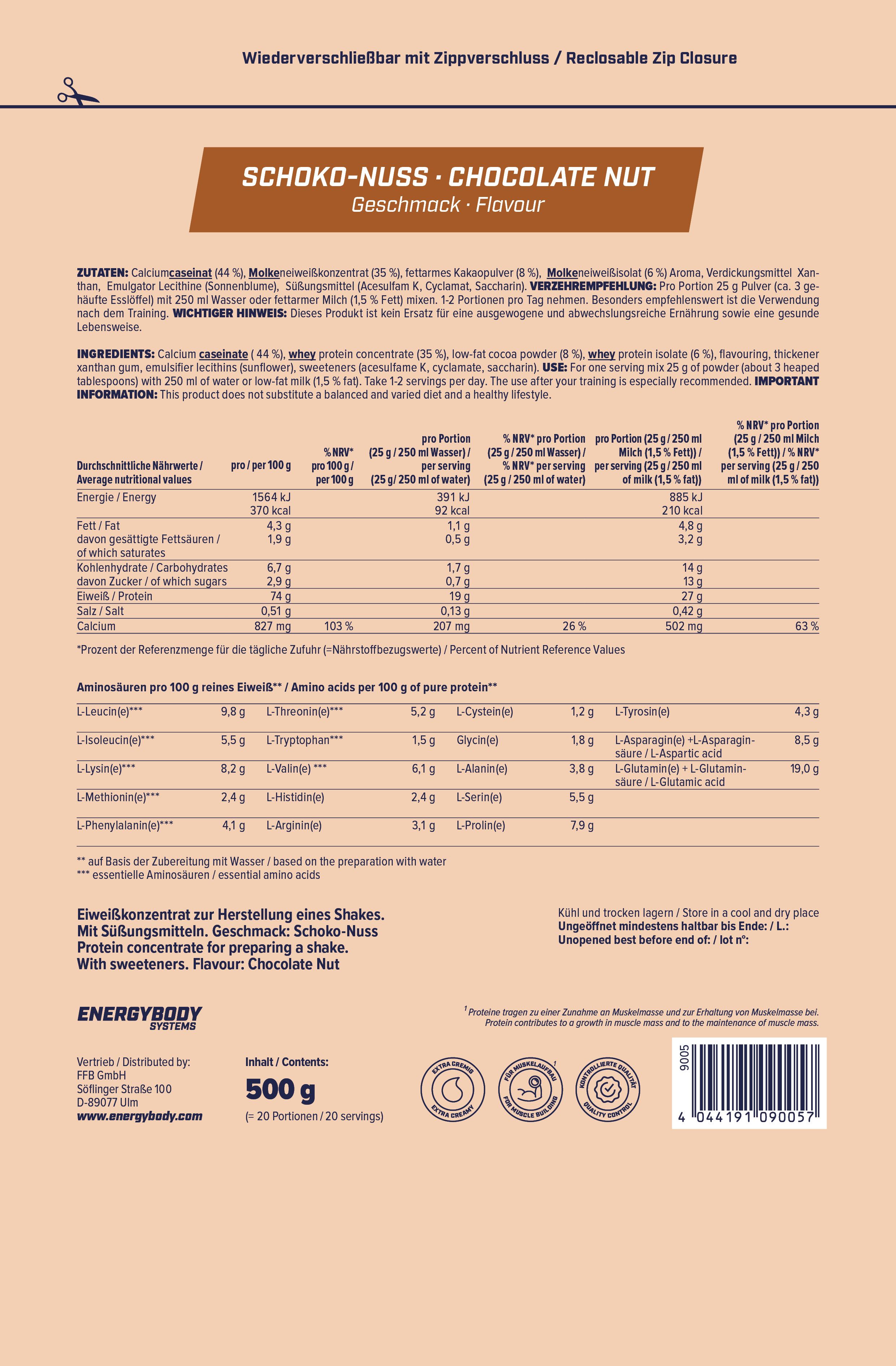 Rückseite einer Produktverpackung. Text: Schoko-Nuss-Geschmack, Nährwertangaben, Aminosäuren. Logo: Energybody Systems, 500g.