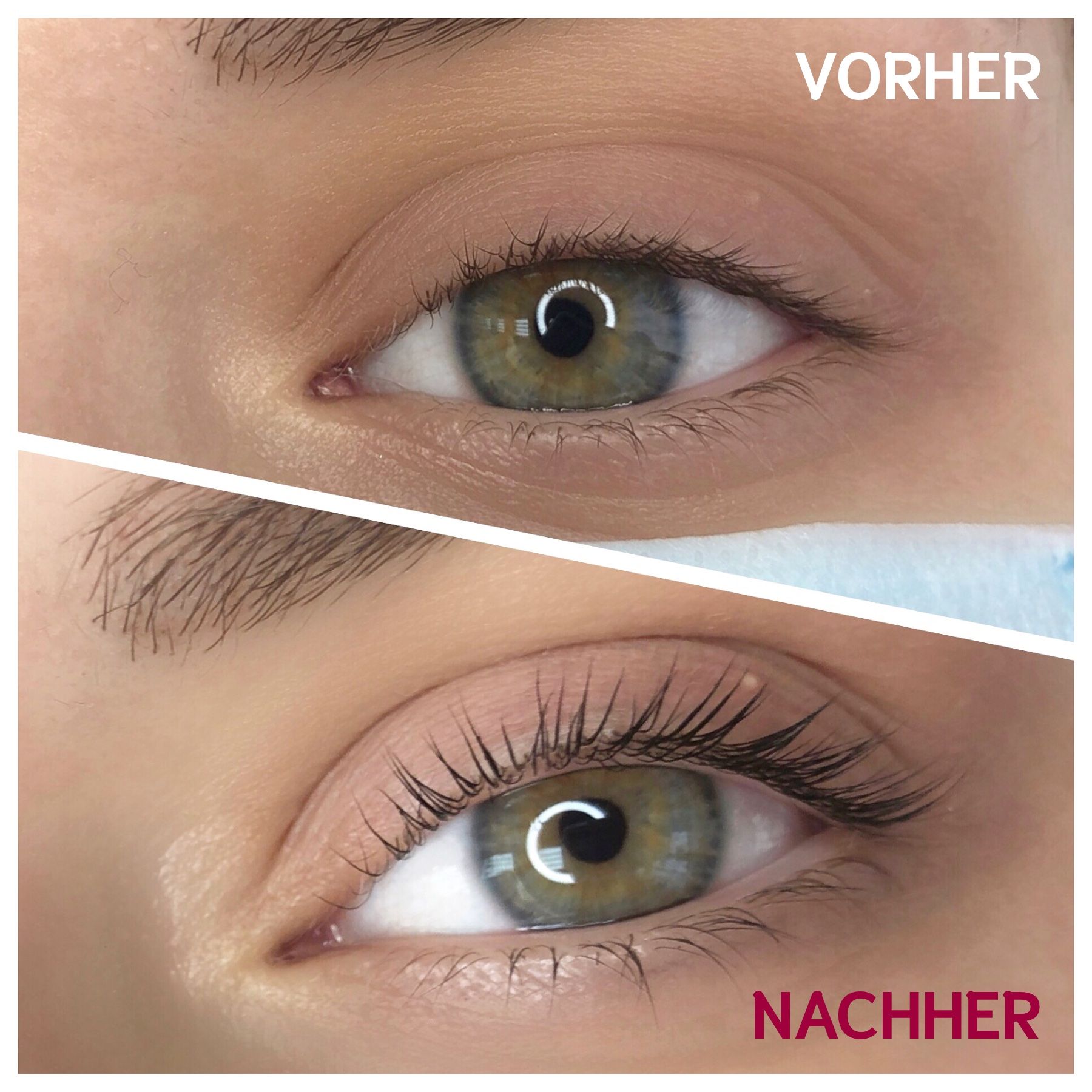 Vorher-Nachher-Vergleich. Oben: Auge mit kurzen Wimpern. Unten: Auge mit gelifteten Wimpern. Text: Vorher, Nachher.