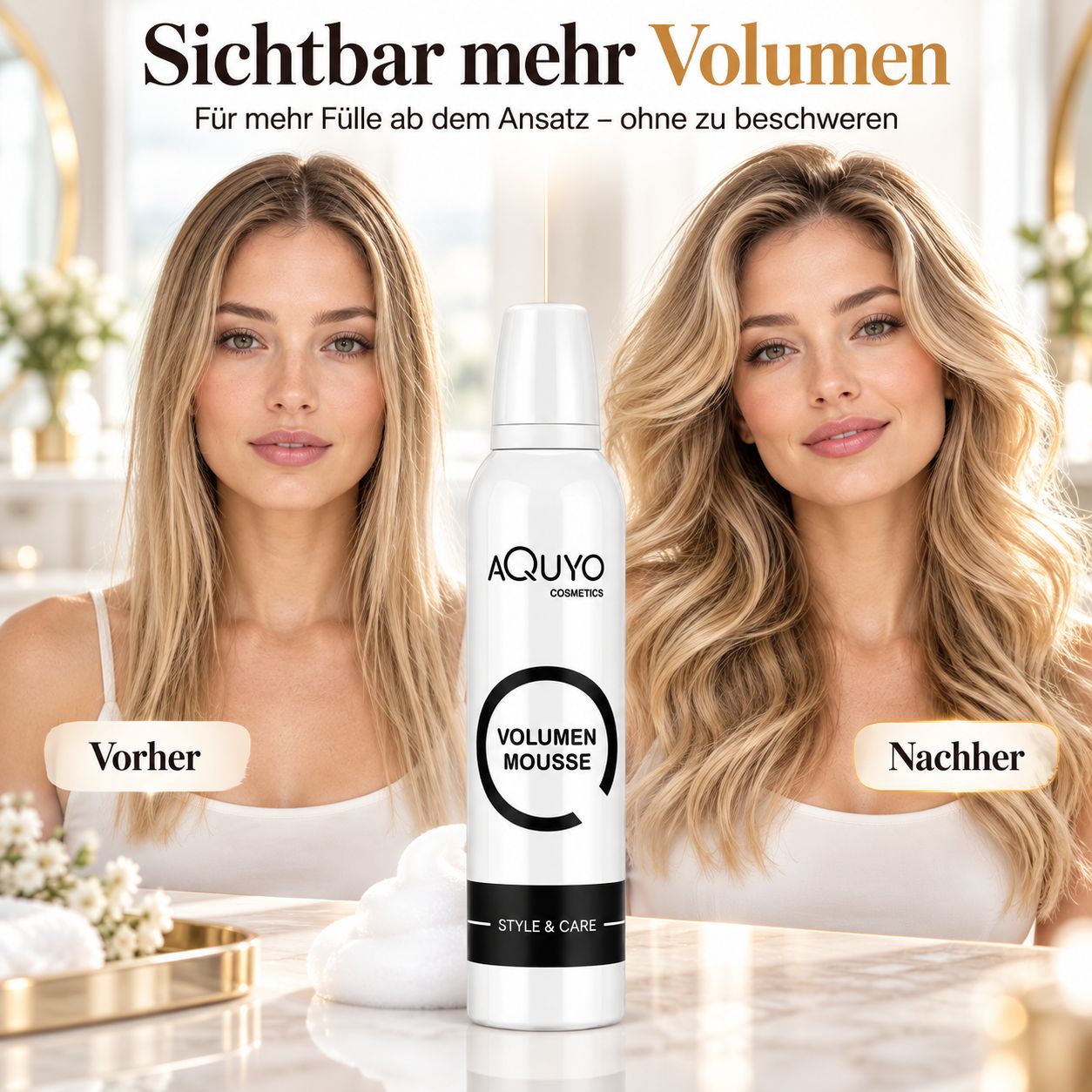 Drei Frauen mit voluminösem Haar, die verschiedene Tageszeiten darstellen. Flasche Volumen Mousse AQUYO COSMETICS.