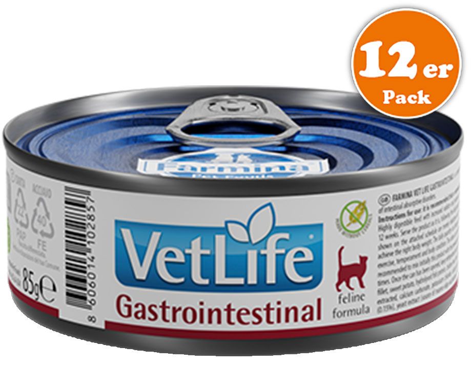 Katzenfutterdose mit "Vet Life Gastrointestinal"-Etikett. 12er-Pack-Aufkleber. Dose mit blauem Deckel, silbernem Rand und Zuglasche.