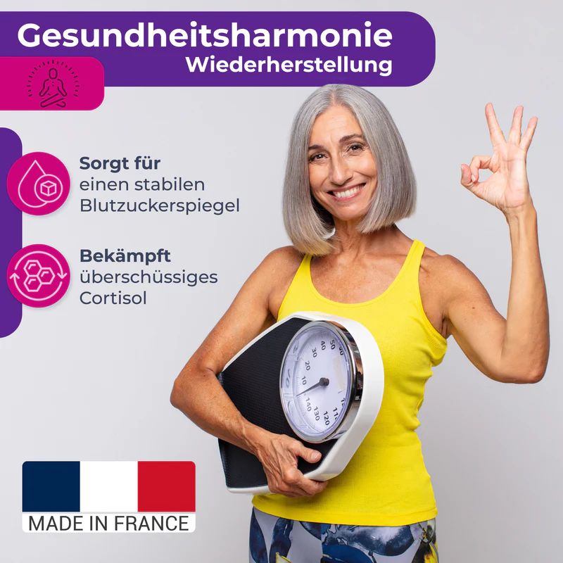 Frau mit Waage. Französische Flagge. Text: Gesundheitsharmonie, Wiederherstellung. NutriSolution EH-5. Made in France.
