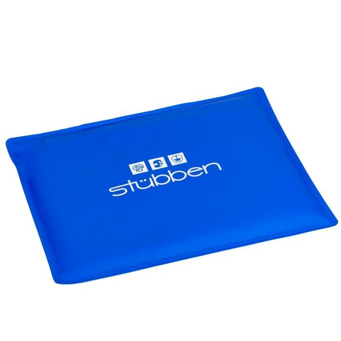 Blaues Kühlkissen mit weißem Stübben-Logo. Rechteckige Form.